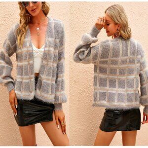 Women's Sexy Glamour Hollywood Fluffy Eyelash Open Front Cardigan Sweater Sz L